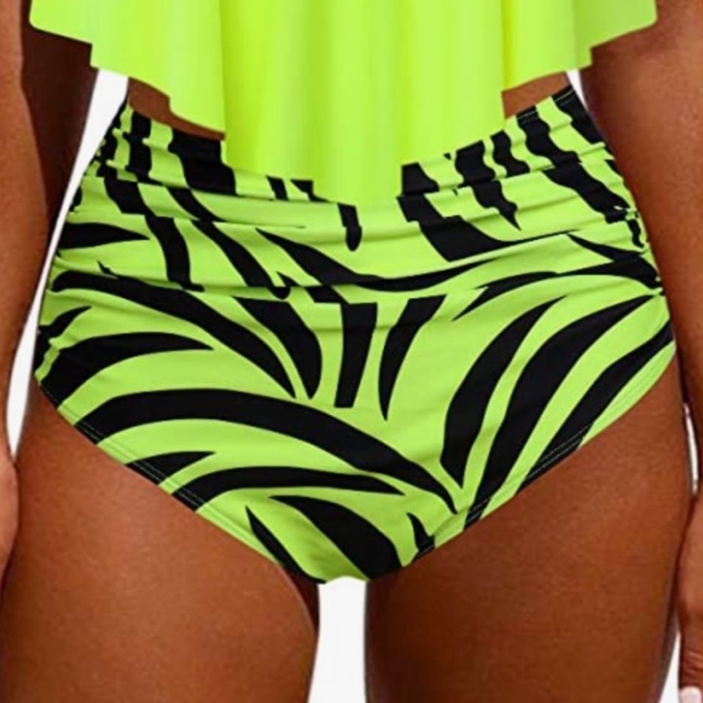 NEW Neon Green Zebra High Waist Swim Bottom L